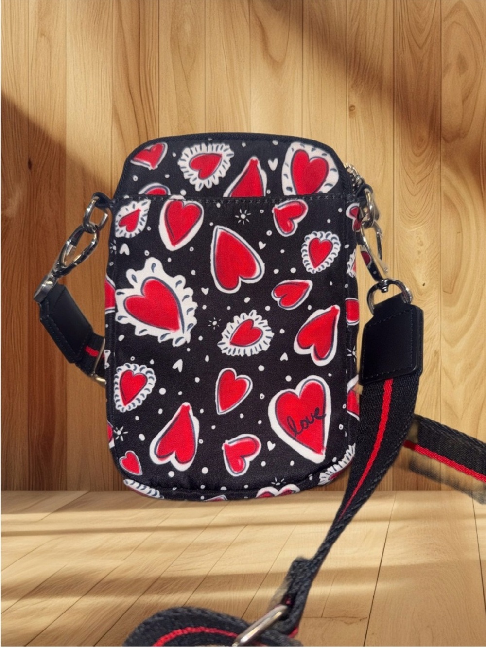 Brighton Black Crossbody Bag with Red and White Hearts - Picture 2 of 7